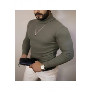 Kaşkorse Boğazlı Full Likralı Fitilli Body Kazak - Haki -