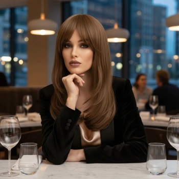 Katlı Kesim Perçemli Düz Fiber Sentetik Orta Boy Peruk - Bebek Kumralı