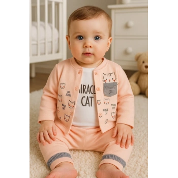 Kedi Desenli 3lü Hırkalı Kız Bebek Takım
