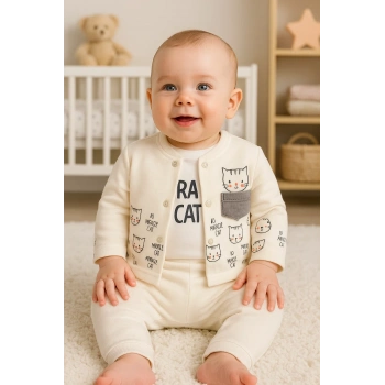 Kedi Desenli 3lü Hırkalı Kız Bebek Takım