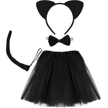 Kedi Eteği Tacı Kuyruğu ve Papyon Seti Siyah Renk Çocuk Boy