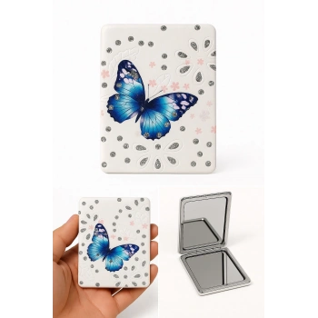 Kelebak Tasarımlı Simli Büyüteçli Pratik Mini Cep Çanta Makyaj Aynası