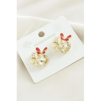 Kelebek İnci Taşlı Metal Küpe