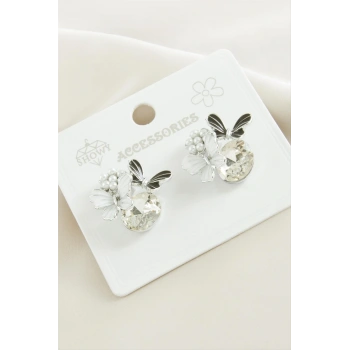 Kelebek İnci Taşlı Metal Küpe