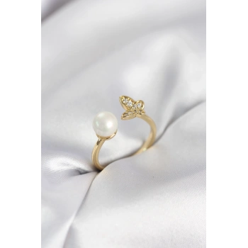 Kelebek İncili Model Gold Renk Zirkon Taşlı Kadın Yüzük - TJ-BYK4131