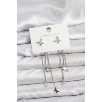 Kelebek Model Gümüş Renk Pirinç Sallantılı Kadın Küpe - TJ-BKP11456