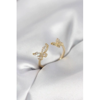 Kelebek Model Zirkon Taşlı Gold Renk Kadın Yüzük - TJ-BYK4078