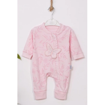 Kelebek Nakışlı % 100 Pamuk Ayaklı Kız Bebek Tulumu
