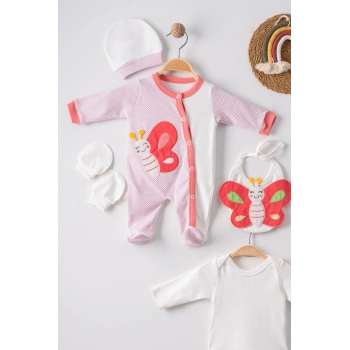 Kelebek Nakışlı Puanlı Tulumlu % 100 Pamuk Kız Bebek 5li Set