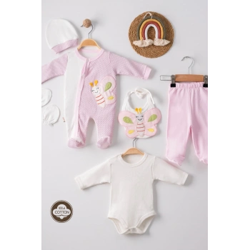 Kelebek Nakışlı Puanlı Tulumlu % 100 Pamuk Kız Bebek 5li Set