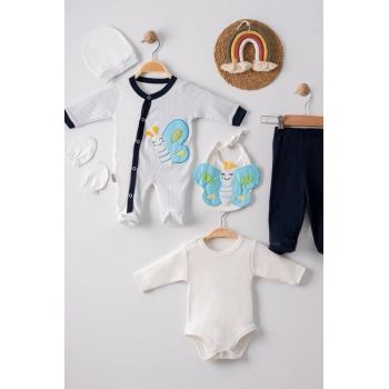Kelebek Nakışlı Tulumlu % 100 Pamuk Erkek Bebek 5li Set