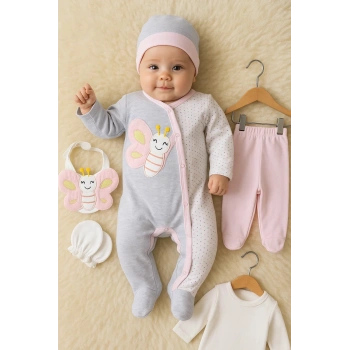 Kelebek Nakışlı Tulumlu % 100 Pamuk Kız Bebek 5li Set