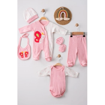 Kelebek Nakışlı Tulumlu % 100 Pamuk Kız Bebek 5li Set