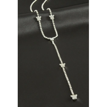 Kelebek Şerit Taşlı Çelik Y Kolye