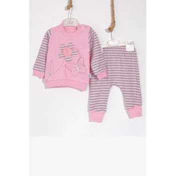 Kelebekli Çiçek Nakışlı Pamuklu 2li Kız Bebek Takımı