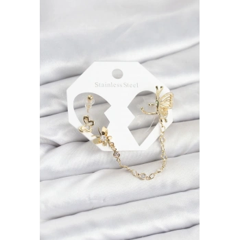 Kelebekli Model Pirinç Gold Renk Zincir Bağlantılı Ear Cuff Küpe Seti - TJ-BKP11544