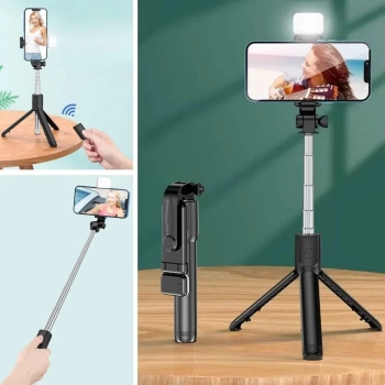 Kendiliğinden Işıklı Masaüstü Tripod Olabilen Telefon Tutuculu Kablosuz Kumandalı Selfie Çubuğu (4887)