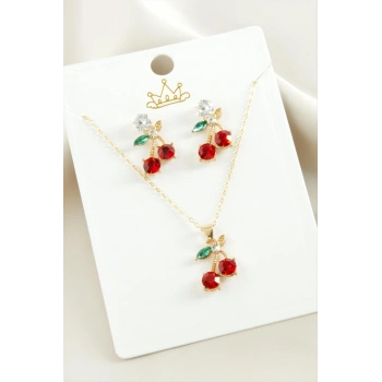 Kiraz Zirkon Taşlı Set Kolye