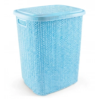 Kirli Çamaşır Sepeti Kapaklı 65 LT Örgü Desenli Plastik Çamaşır Sepeti Banyo Sepeti - Mavi