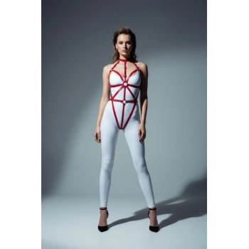 Kırmızı Body Harness Kadın Deri Metal Halka Detaylı - Brf243