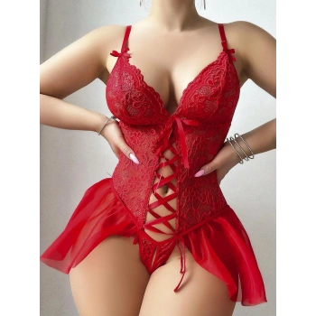 Kırmızı dantel detaylı önü dekolteli fantezi babydoll