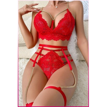 Kırmızı Dantelli Gold Zincirli Seksi Jartiyer Takım
