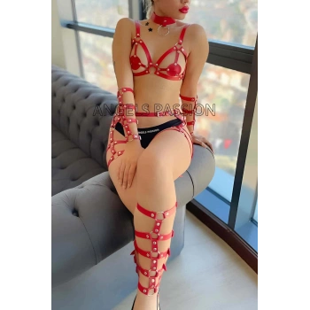Kırmızı Deri Bacak Ve Kol Harness Detaylı Takım