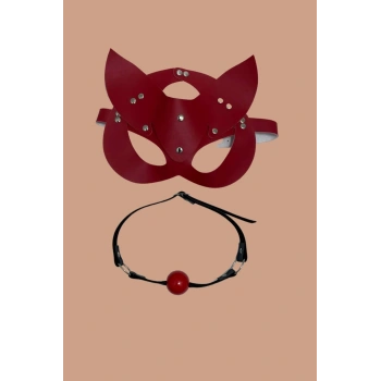 Kırmızı Deri Maske Ve Ağız Topu Harness Aksesuar
