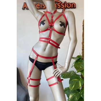 Kırmızı Fantezi Deri Jartiyer Harness Takım