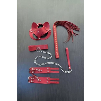 Kırmızı Fantezi Set, Kırbaç - Kelepçe - Tasma - Maske Takım - Brf1246