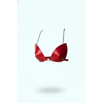 Kırmızı Göğüs Harness Parlak Deri Konik Kap Zincir Detaylı - Brf1227