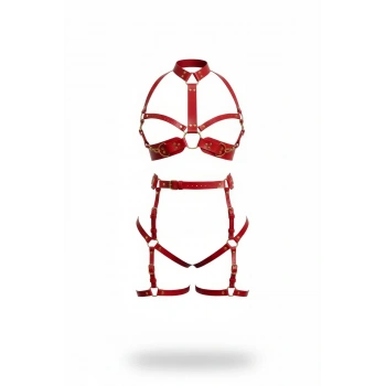 Kırmızı Harness Takım Altın Tokalı Zincir Detaylı Deri Set - Brf1016
