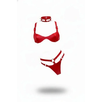 Kırmızı Harness Takım Deri Çivili Boyunluk Detaylı - Brf1298