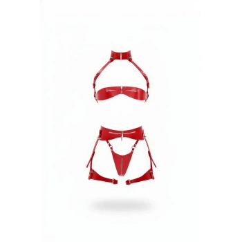 Kırmızı Jartiyer Harness Parlak Deri Fermuarlı Takım - Brf1373