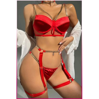 Kırmızı Merdüven Zincirli Göğüs Balenli Kadın Seksi Jartiyer Takım
