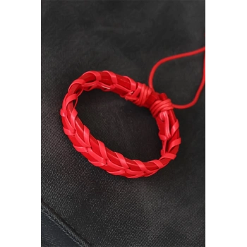 Kırmızı Örgü Deri Erkek Bileklik - TJ-EB1852