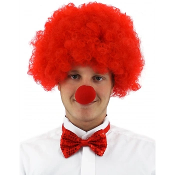 Kırmızı Renk Kıvırcık Afro Bonus Peruk Takma Saç ve Kırmızı Burun Seti (4887)