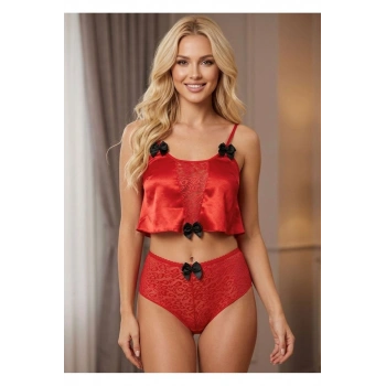 Kırmızı Saten Babydoll Takım - 333-k