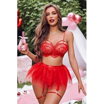 Kırmızı Tül ve Dantel Fantazi İç Giyim Takımı