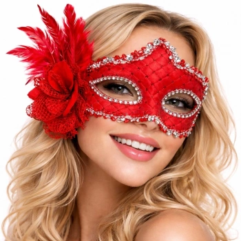 Kırmızı Tüylü Venedik Lüks Balo Maskesi