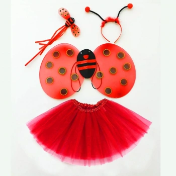 Kırmızı Uğur Böceği Ateş Böceği Kostüm Seti - (Tütü, Kanat, Taç, Asa)