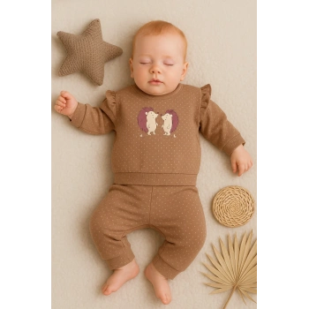 Kirpi Nakışlı % 100 Pamuk 2li Kız Bebek Takım