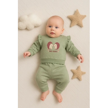 Kirpi Nakışlı % 100 Pamuk 2li Kız Bebek Takım