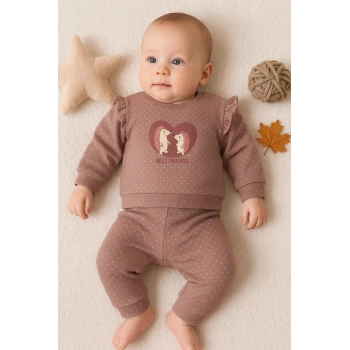 Kirpi Nakışlı % 100 Pamuk 2li Kız Bebek Takım