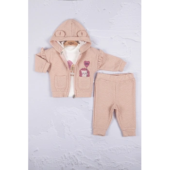 Kirpi Nakışlı % 100 Pamuk 3lü Kız Bebek Takım