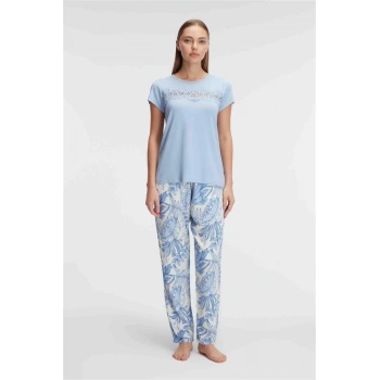 Kısa Kol Bisiklet Yaka Kadın Viskon Çiçek Desenli Yazlık Örme Dantel Detaylı Pijama Takımı