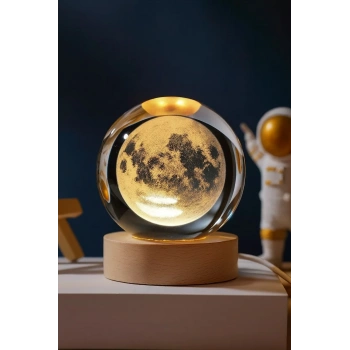 Kişiye Özel 3D Ay Küre Kristal Gün Işığı Led Gece Lambası – USBli Ahşap Standlı LED Masa Lambası