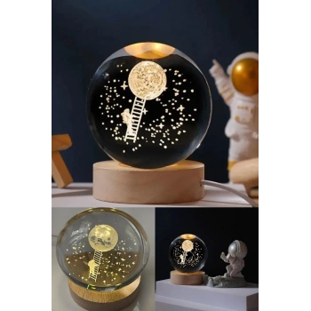 Kişiye Özel 3D Ay Merdiveni Temalı Kristal Küre Led Gece Lambası – USBli Ahşap Standlı LED Lamba