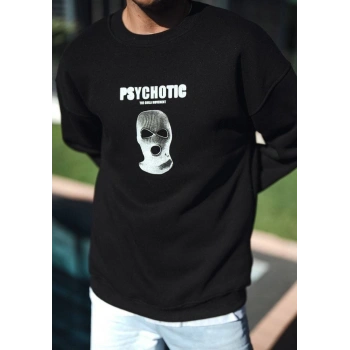 Kışlık Bisiklet Yaka Baskılı SweatShirt - Siyah -