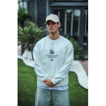 Kışlık Bisiklet Yaka Ön Ve Arka Baskılı SweatShirt - Beyaz -
